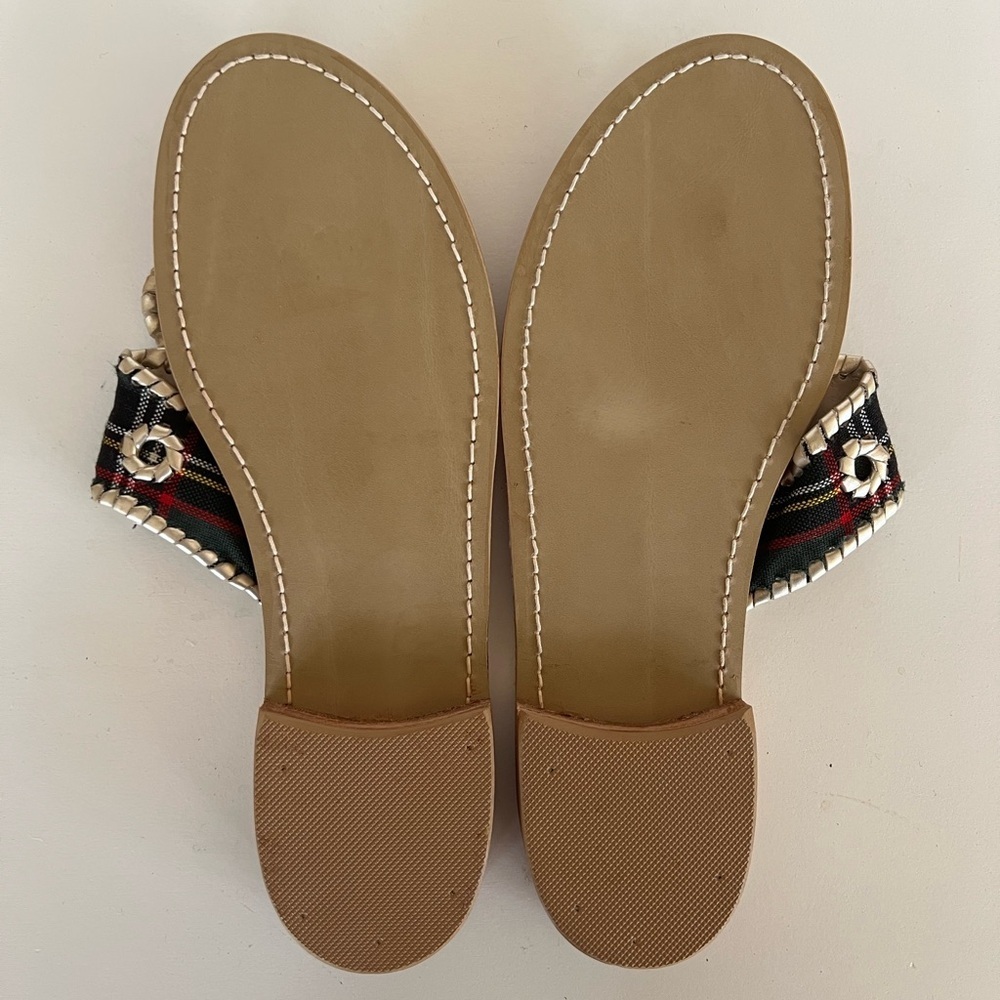 Jack Rogers 1960 Handmade Leather Green Tartan Gold Trim Plaid Flat Sandals, 9M - Picture 8 of 8